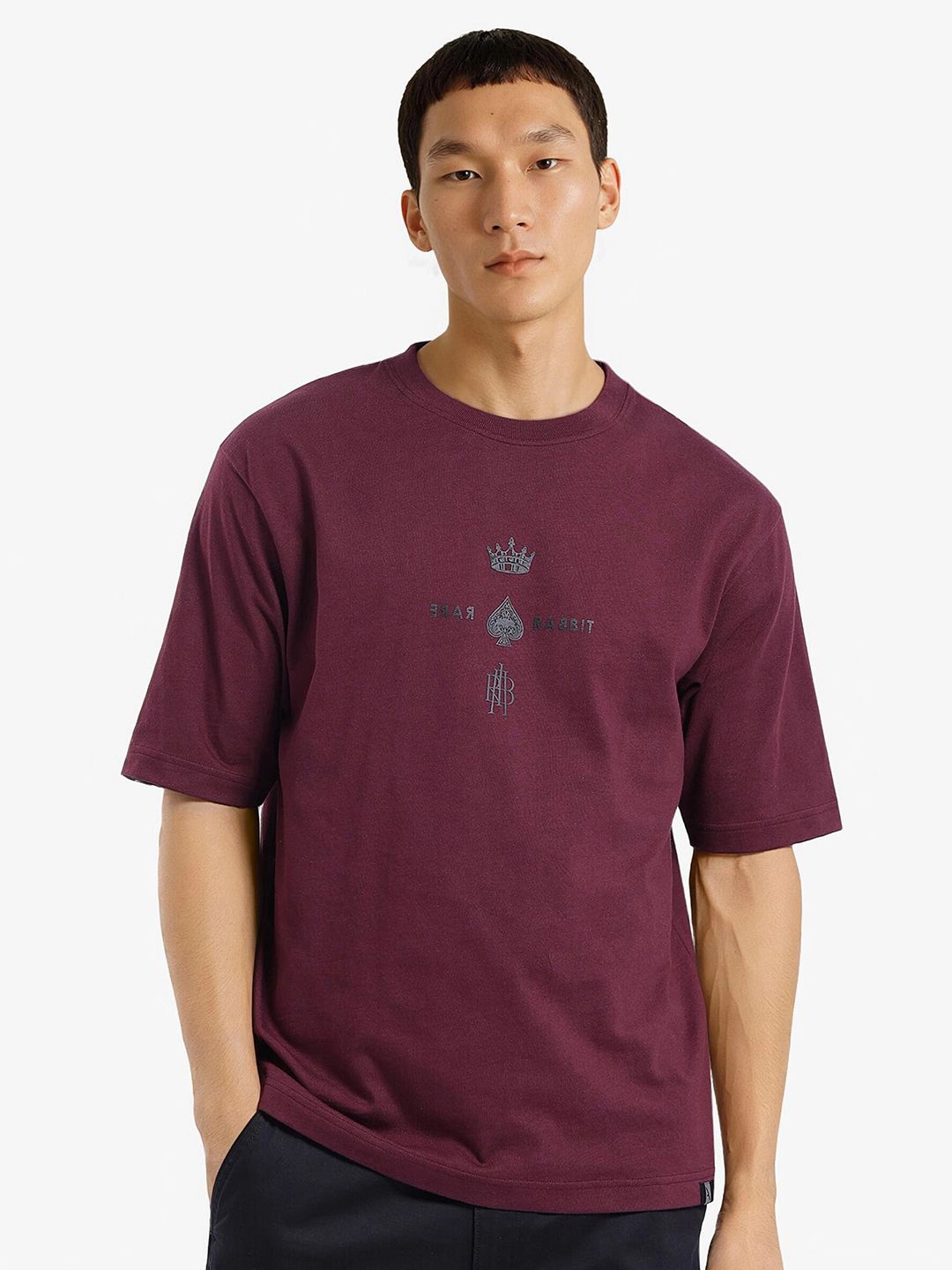 

RARE RABBIT Men Graphic Printed Round Neck Cotton Relaxed Fit T-shirt, Maroon