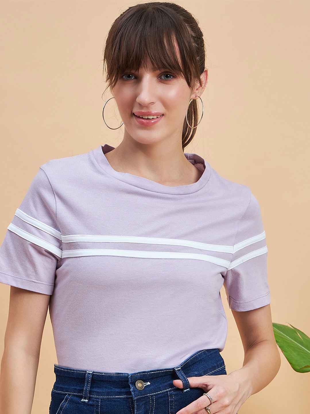 

MINT STREET Women Lavender Striped Extended Sleeves Pockets T-shirt