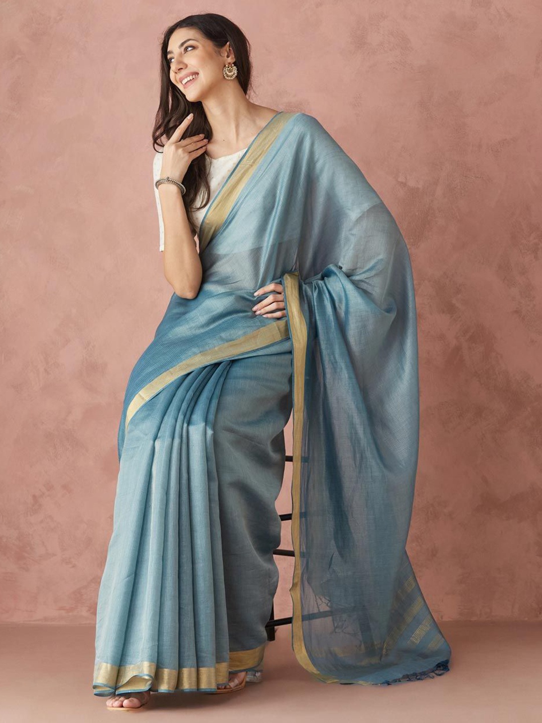 

Fabindia Solid Zari Saree, Blue