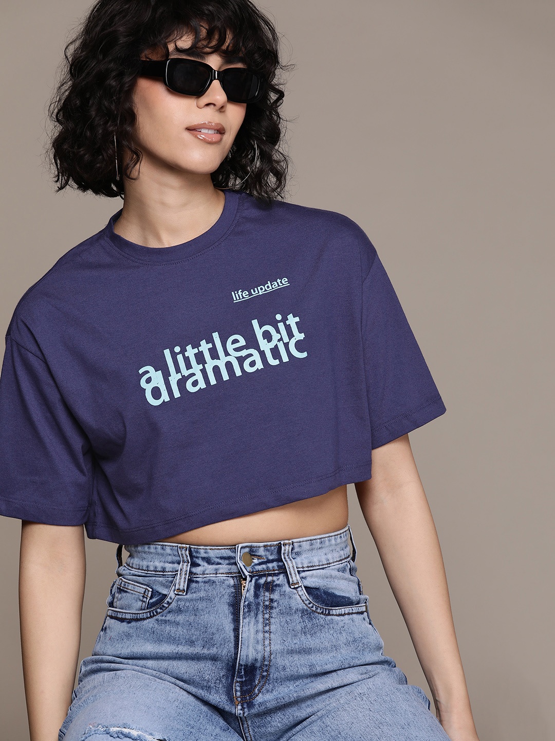 

The Roadster Lifestyle Co. Women Typography Printed Boxy Crop T-shirt, Navy blue