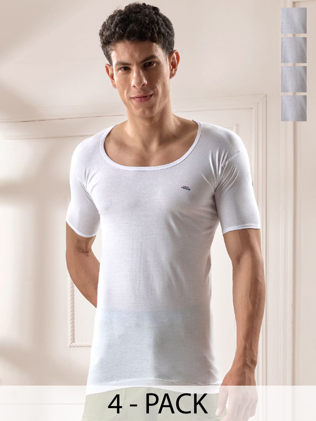 

LUX VENUS Pack of 4 Men Round Neck Cotton Vest, White