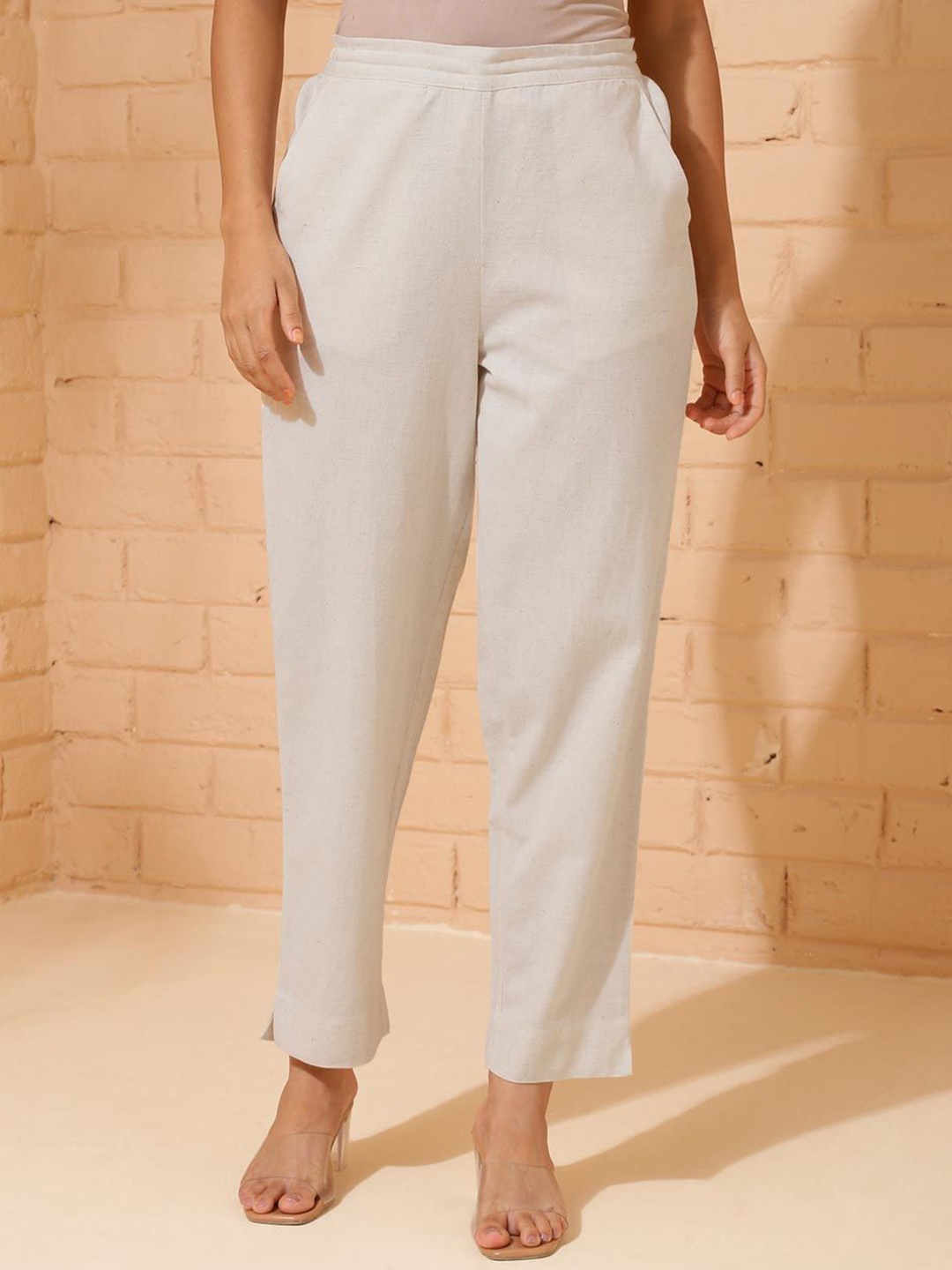 

Fabindia Women Mid-Rise Full Length Trousers, Off white