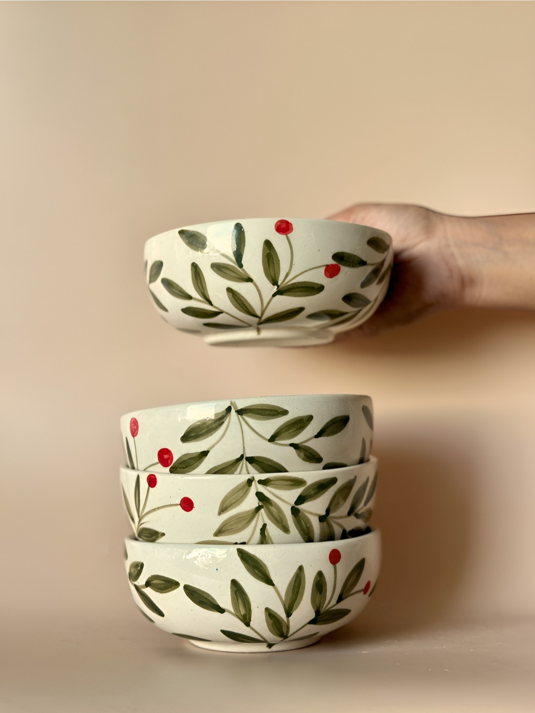 

NURTURE INDIA 4Pcs Green & White Printed Ceramic Serving Bowls