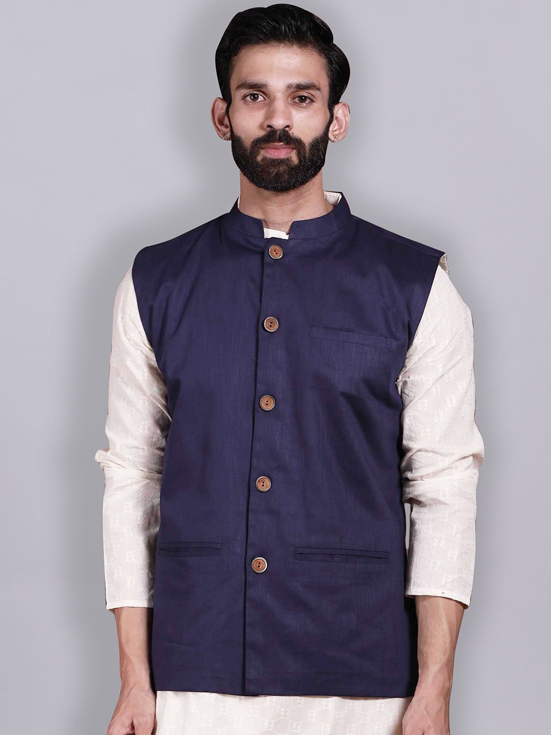 

TJORI Men Cotton Corduroy Nehru Jackets, Blue