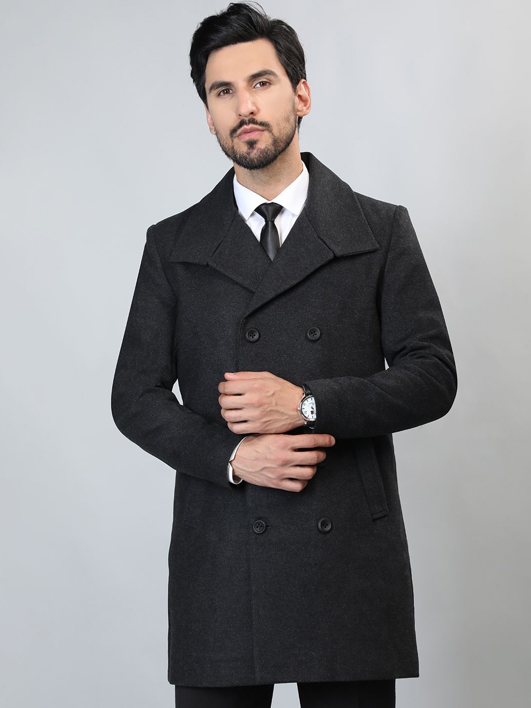 

HONNETE Men Longline Pea Coats, Charcoal