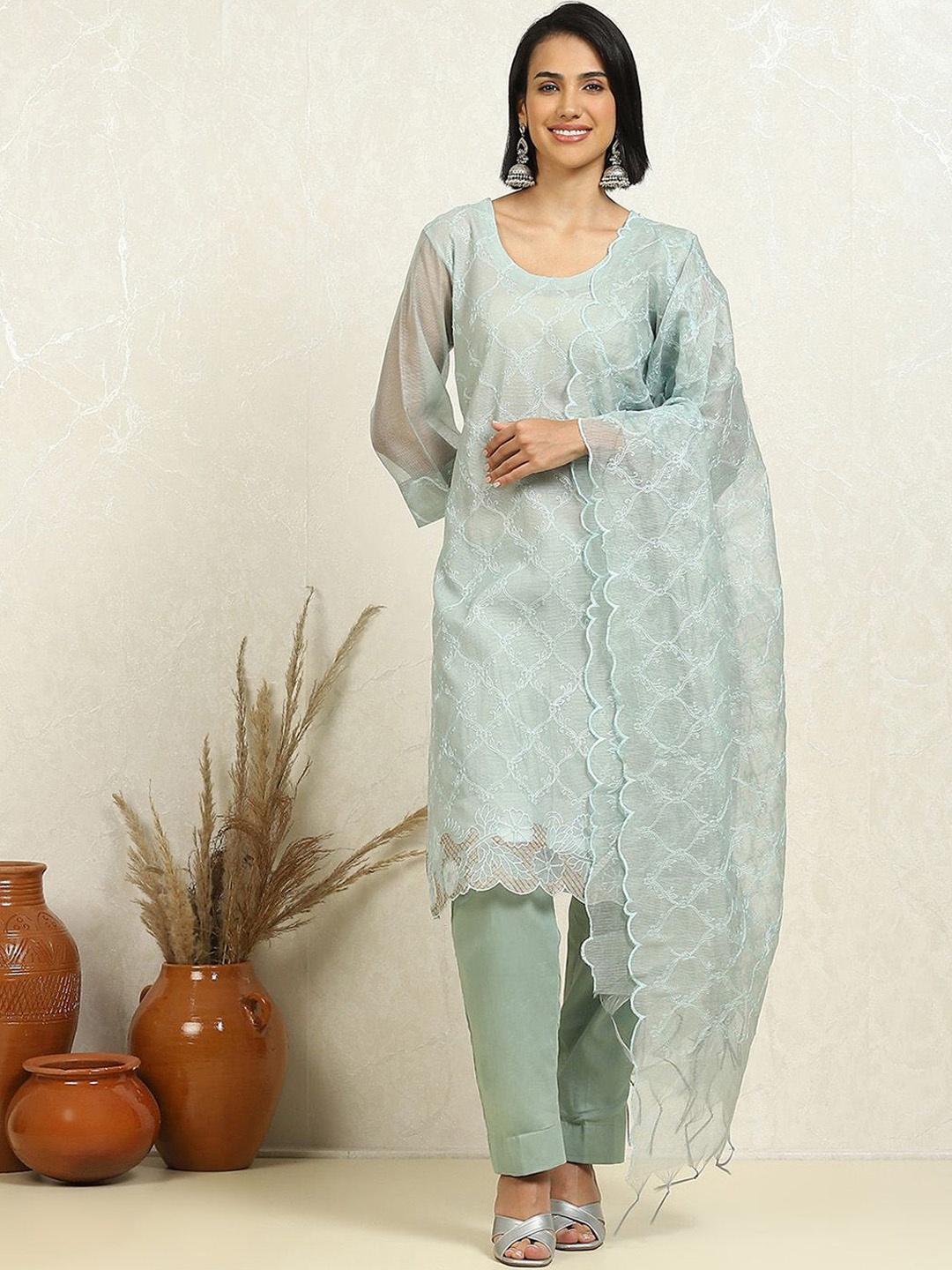 

Biba Floral Embroidered Unstitched Dress Material, Green