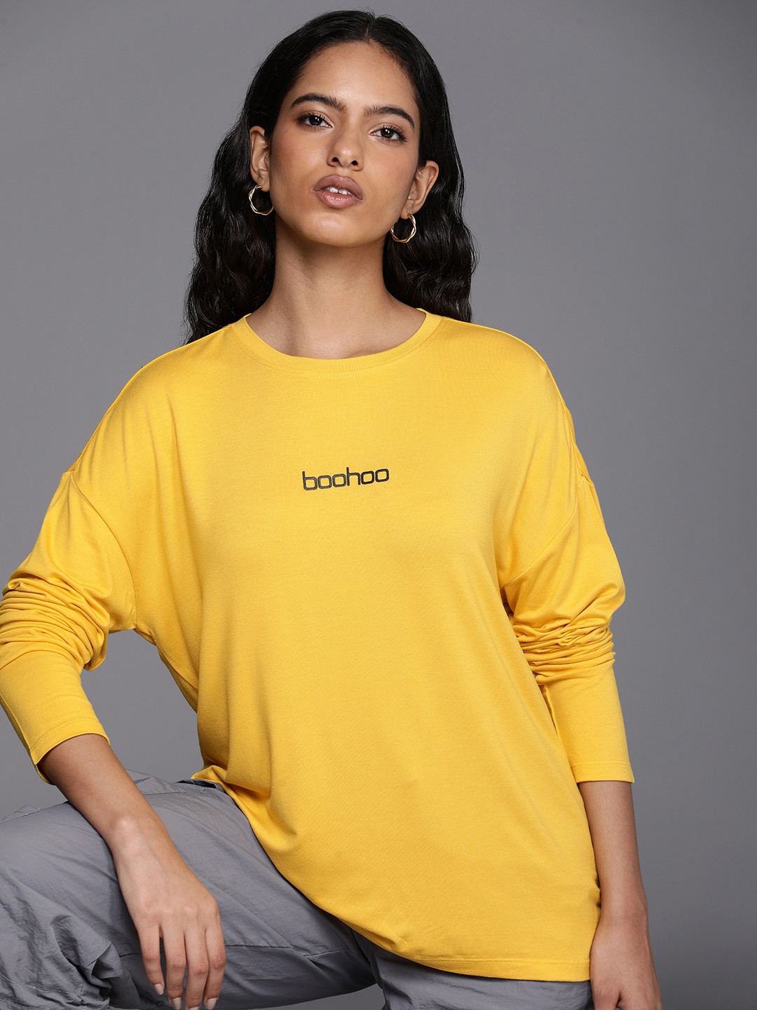 

Boohoo Women Brand Logo Printed T-shirt, Yellow