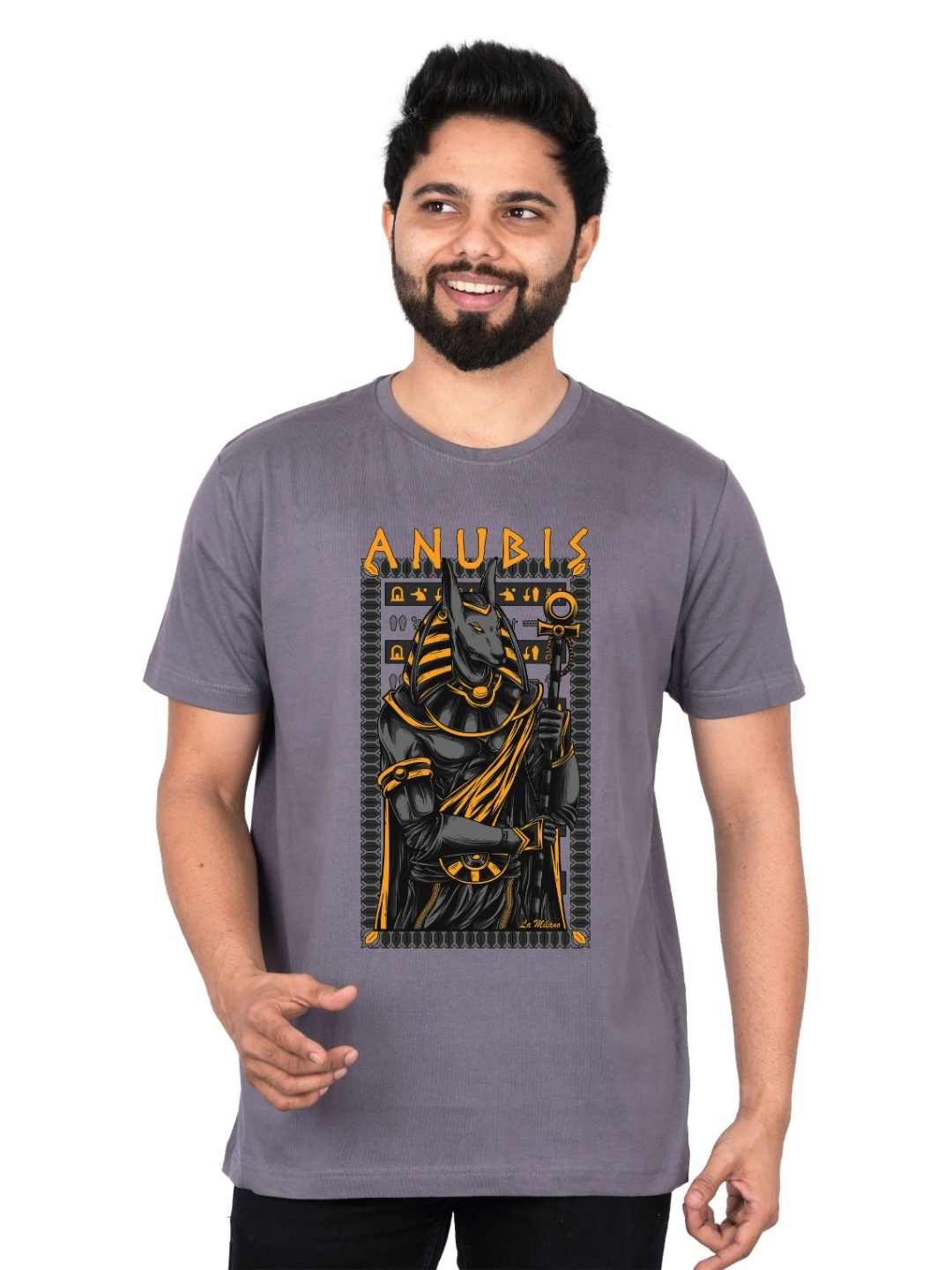 

LA MILANO Men Graphic Printed Round Neck Pure Cotton Slim Fit T-shirt, Grey