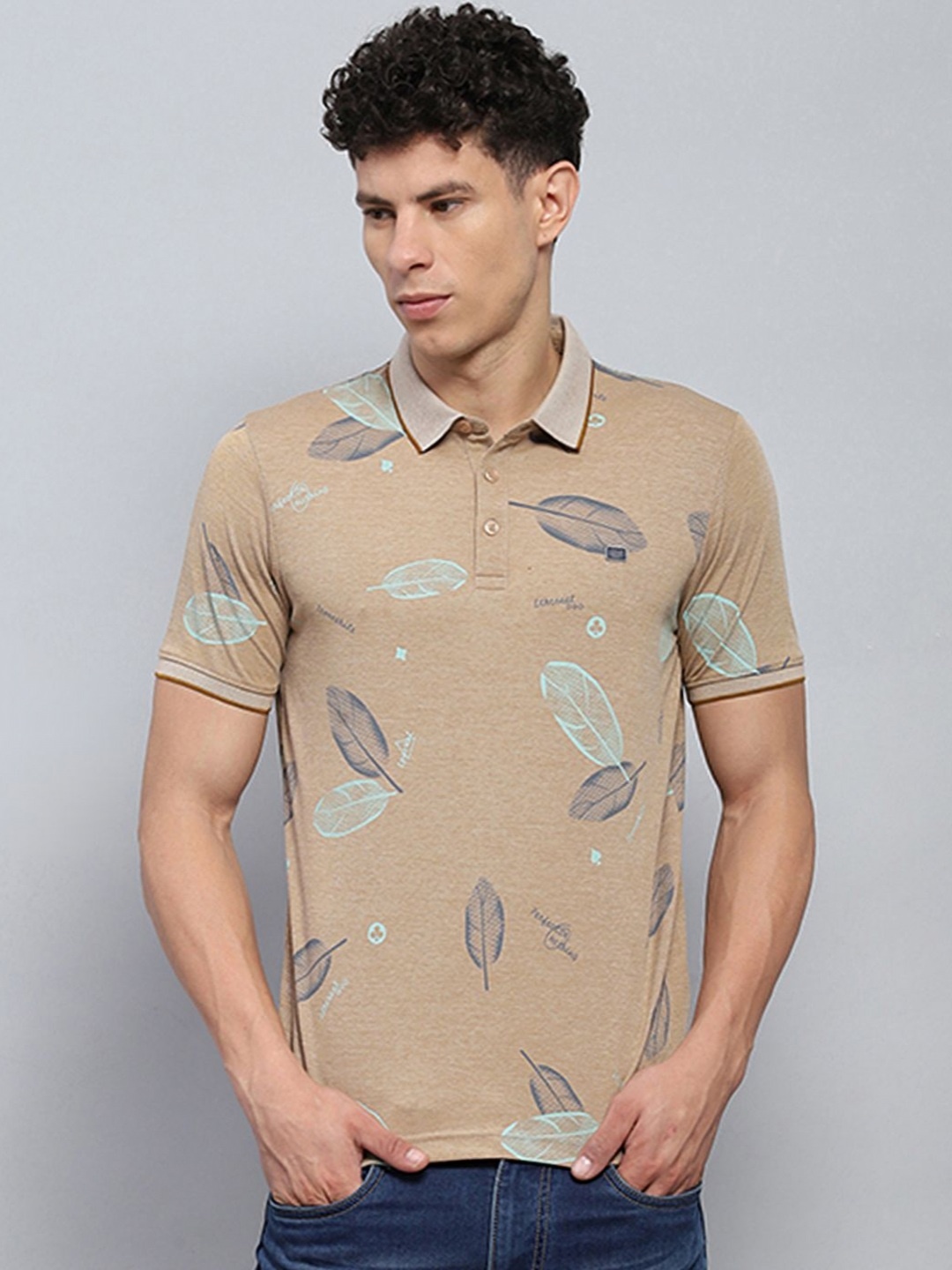 

Monte Carlo Men Floral Printed Polo Collar Cotton T-shirt, Beige