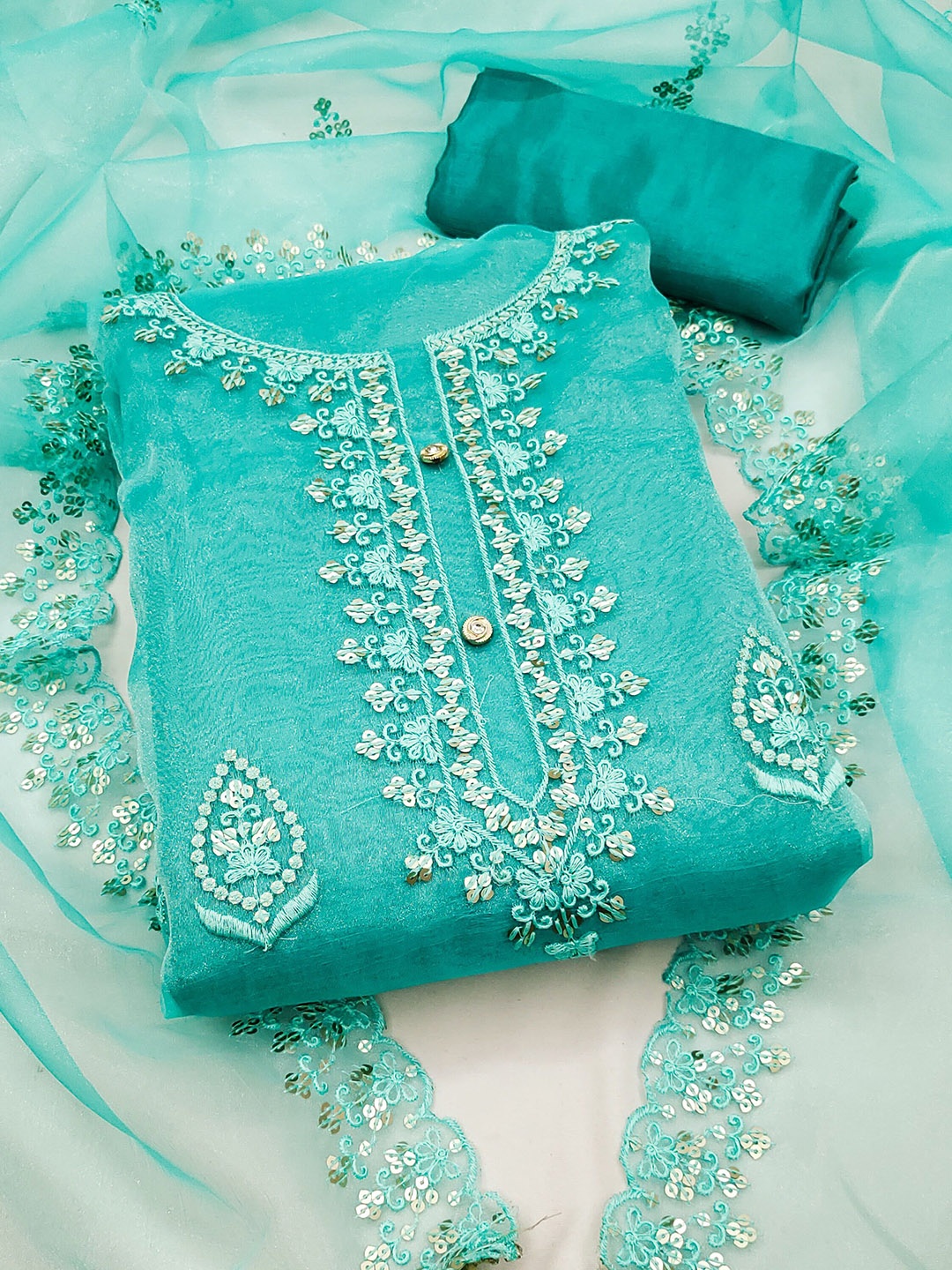 

Maroosh Floral Sequinned Embroidered Organza Unstitched Dress Material, Sea green