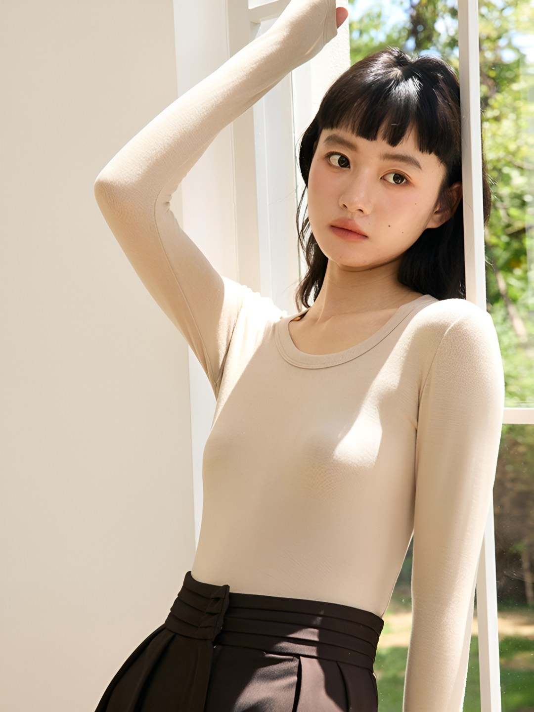 

LULU & SKY Women Solid Scoop Neck Acrylic T-shirt, Cream