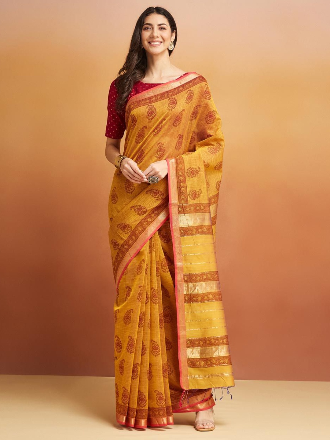 

Fabindia Women Ethnic Motifs Zari Maheshwari Saree, Mustard