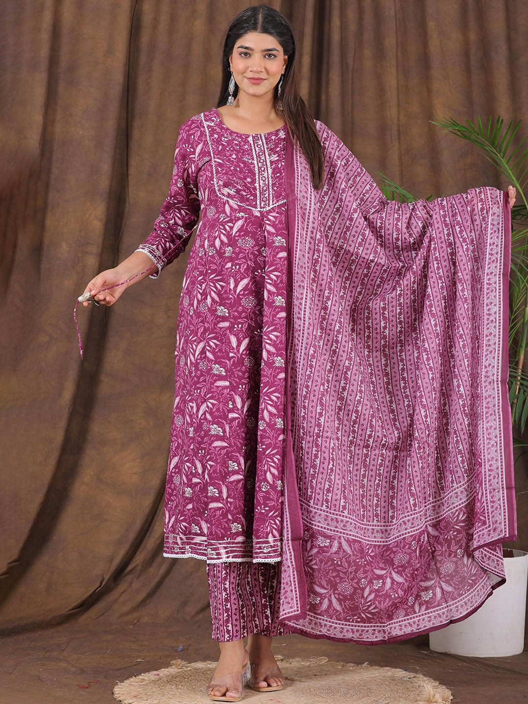 

PARTHVI Floral Printed A-Line Kurta with Trousers & Dupatta, Purple