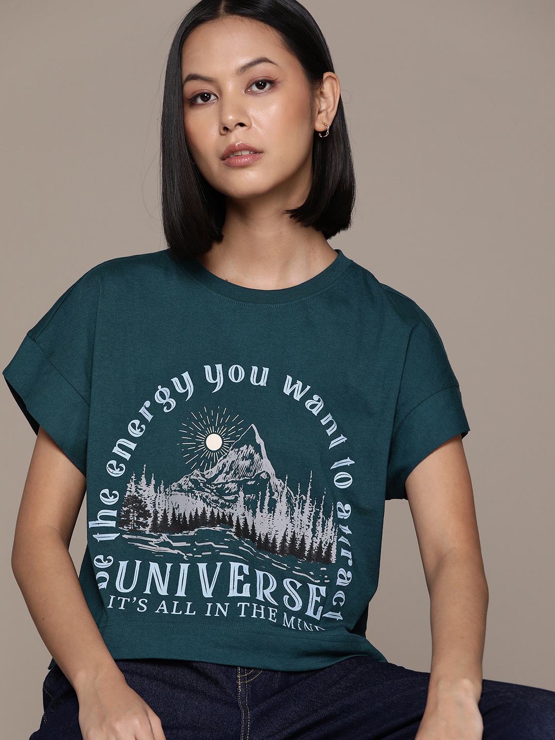 

The Roadster Lifestyle Co. Graphic Printed High-Low Hem Extended Sleeves Boxy Fit T-shirt, Teal