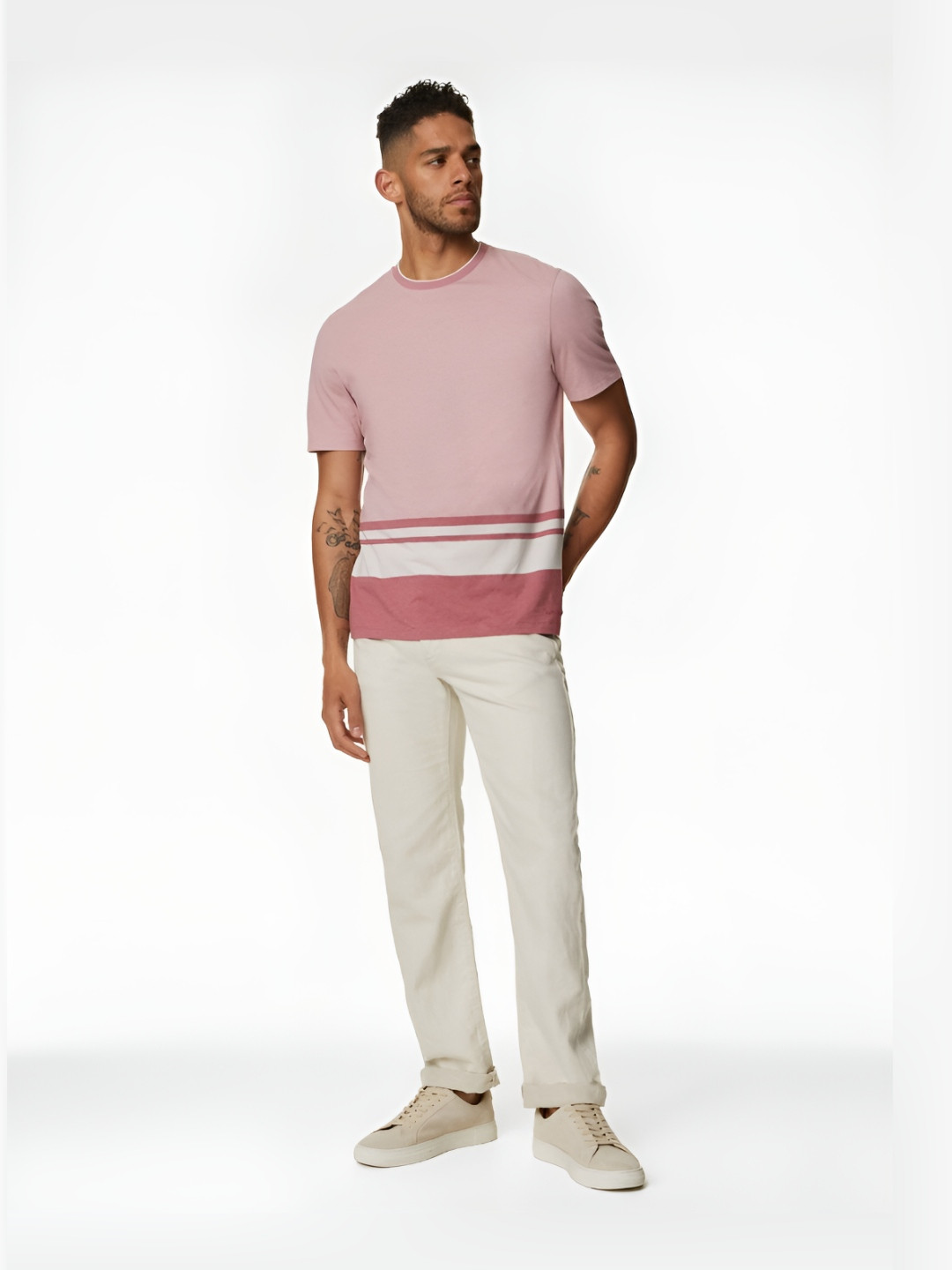 

Marks & Spencer Men Colourblocked Round Neck Cotton T-shirt, Pink