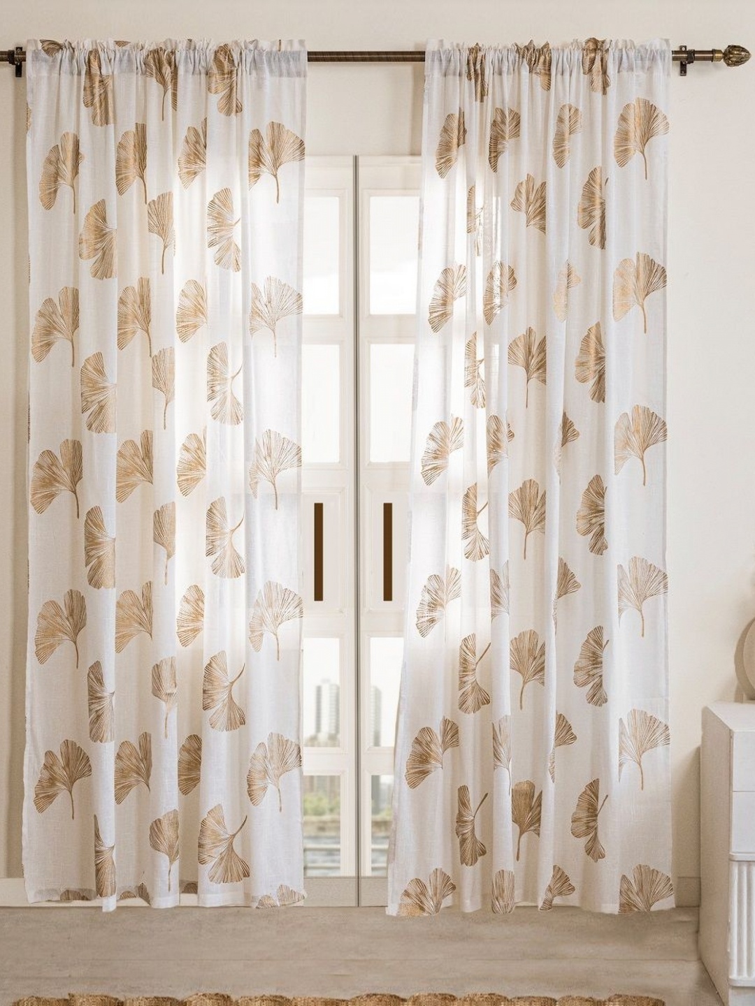 

HOMEMONDE Gold-Toned & White 2 Pieces Floral Printed Cotton Sheer Door Curtains