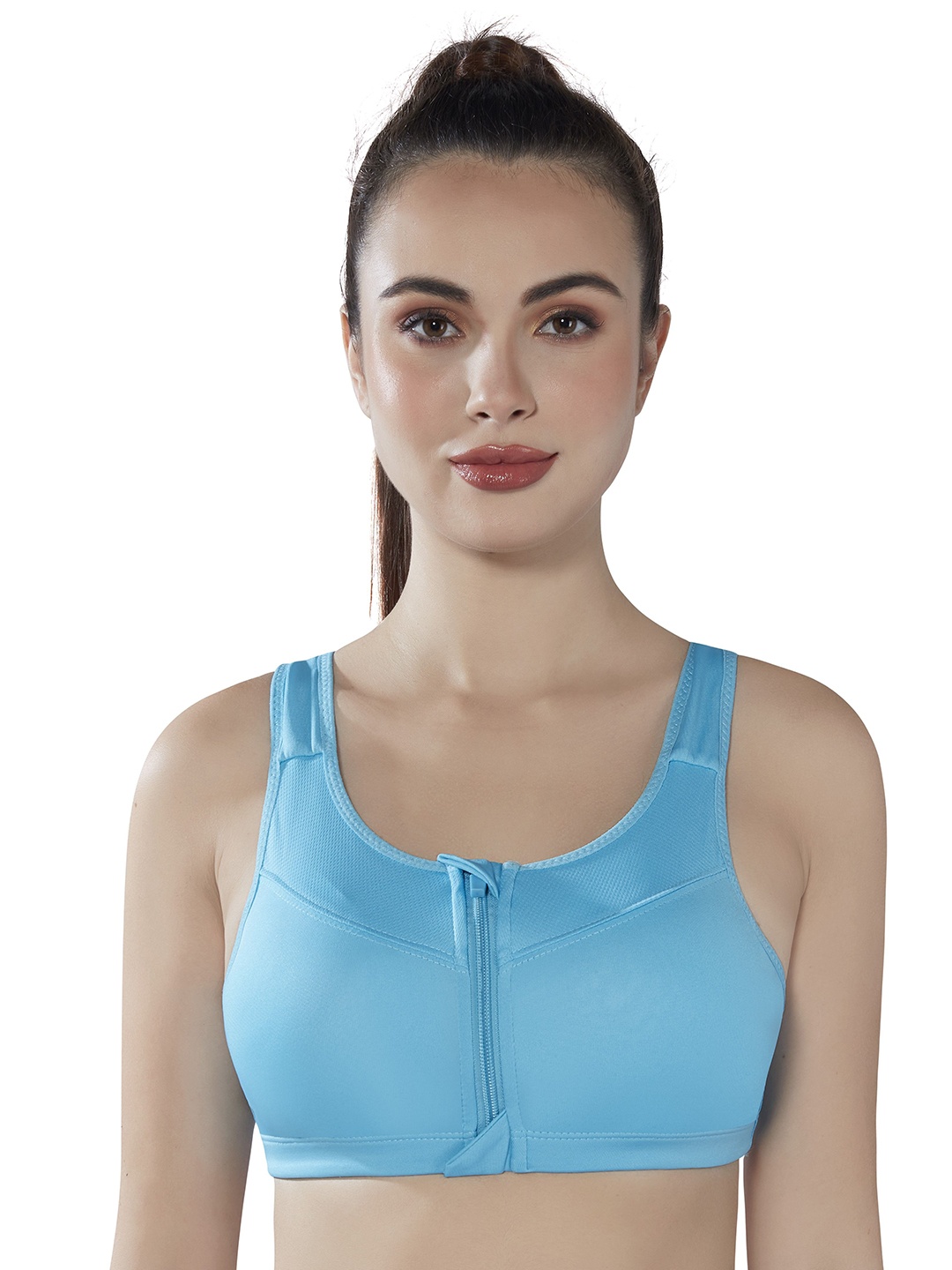 

PLUMBURY Full Coverage Lightly Padded Front Zip Adjustable Strap Workout Sports Bra, Blue