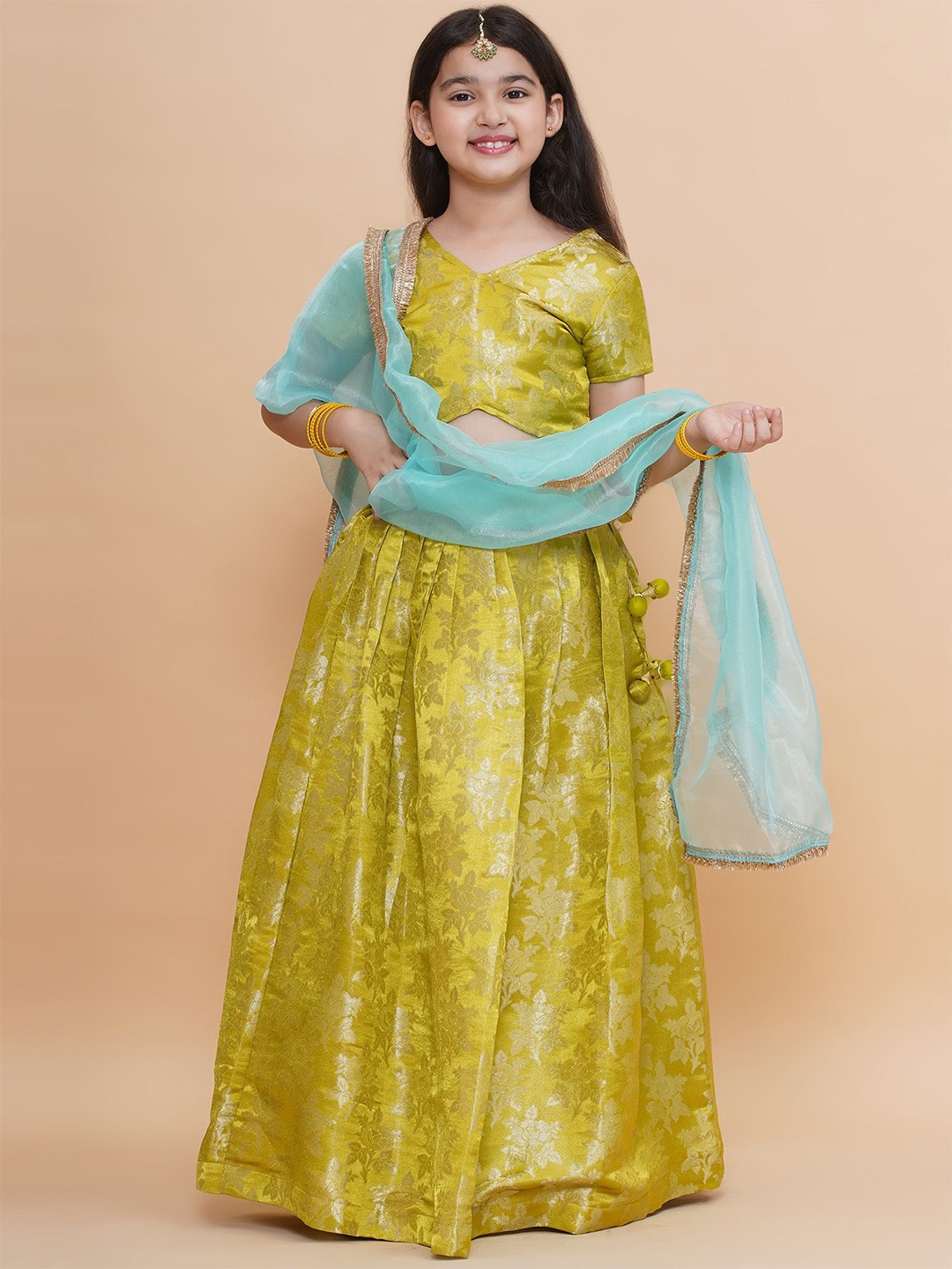 

PICCOLO Girls Woven Design V-Neck Silk Ready to Wear Lehenga & Blouse With Dupatta, Green