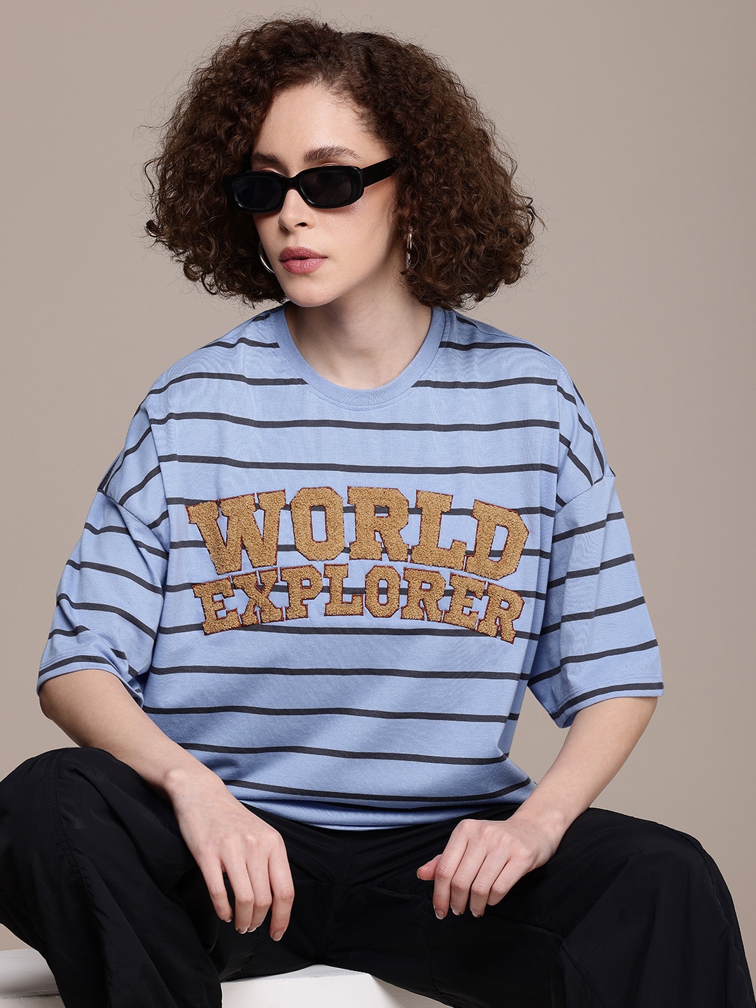 

The Roadster Life Co. Striped Oversized Drop-Shoulder Sleeves T-shirt, Blue