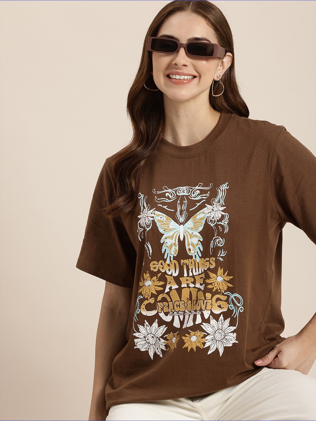 

HERE&NOW Pure Cotton Graphic Printed T-shirt, Brown