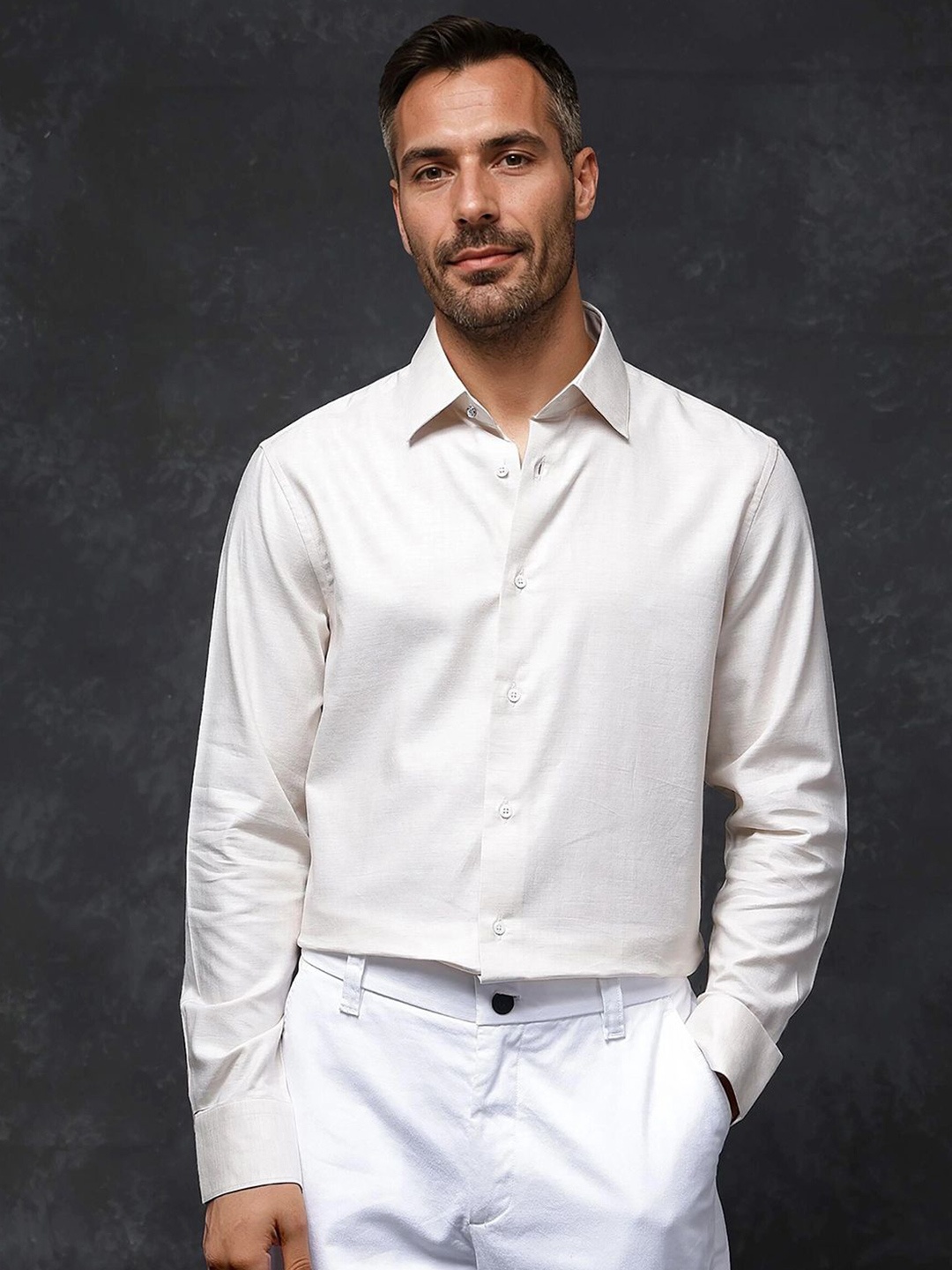 

RARE RABBIT Men Comfort Spread Collar Solid Cotton Formal Shirt, Off white