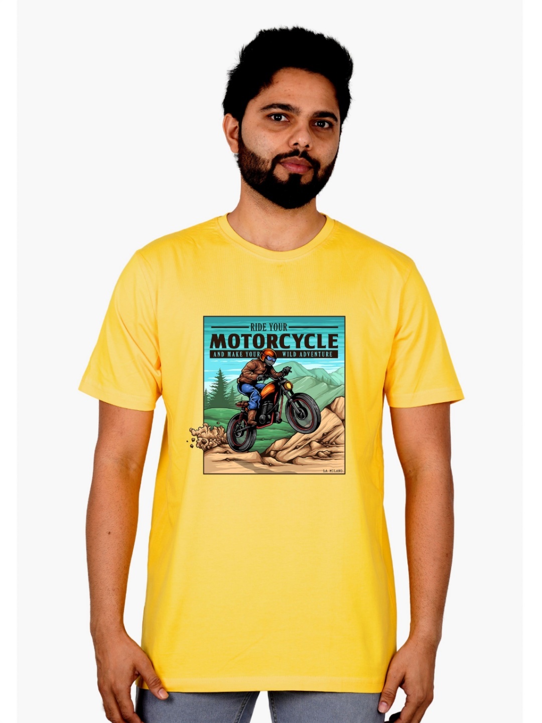 

LA MILANO Men Graphic Printed Round Neck Pure Cotton Slim Fit T-shirt, Yellow