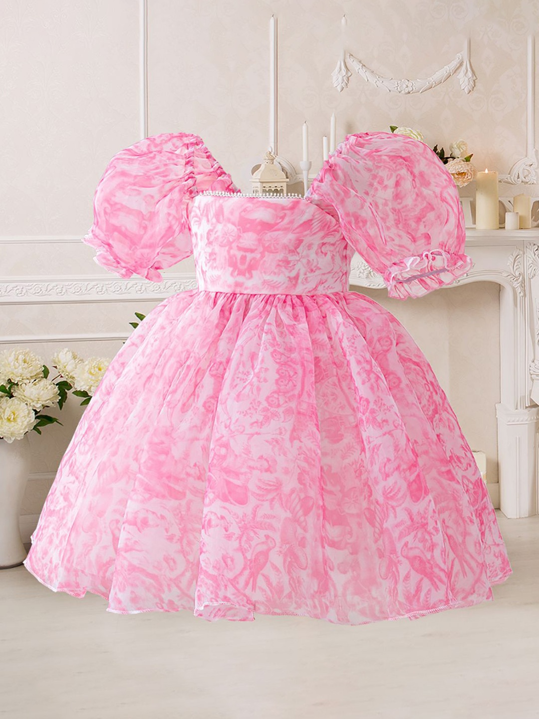 

StyleCast x Revolte Print Puff Sleeve Ruffled A-Line Dress, Pink