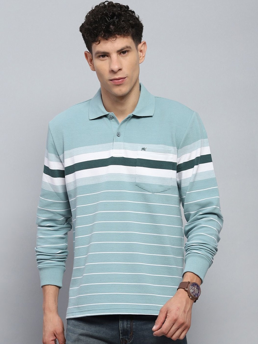 

Monte Carlo Men Striped Polo Collar Cotton T-shirt, Green