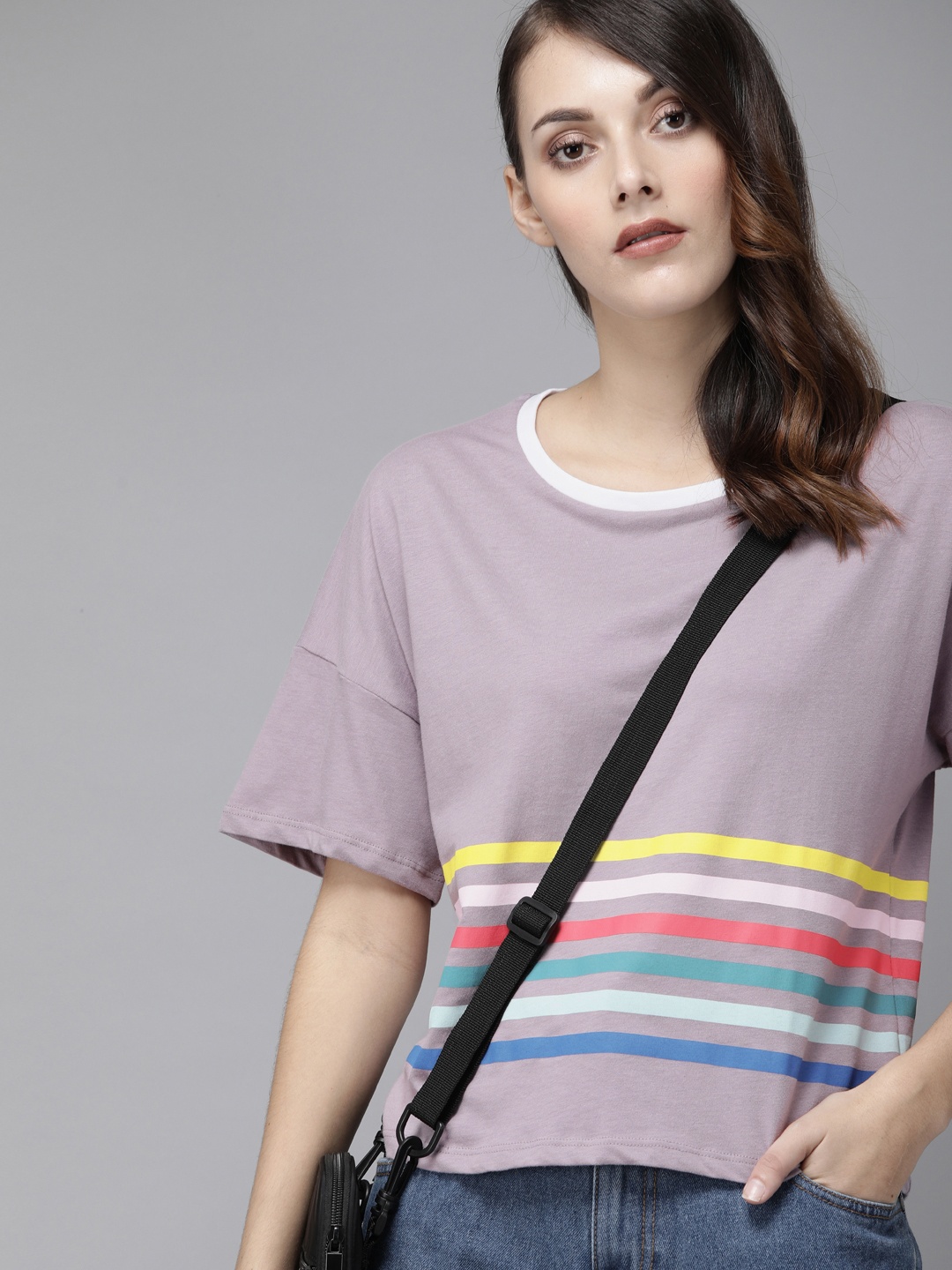 

Roadster Women Multicoloured Striped Round Neck Pure Cotton T-shirt, Multi