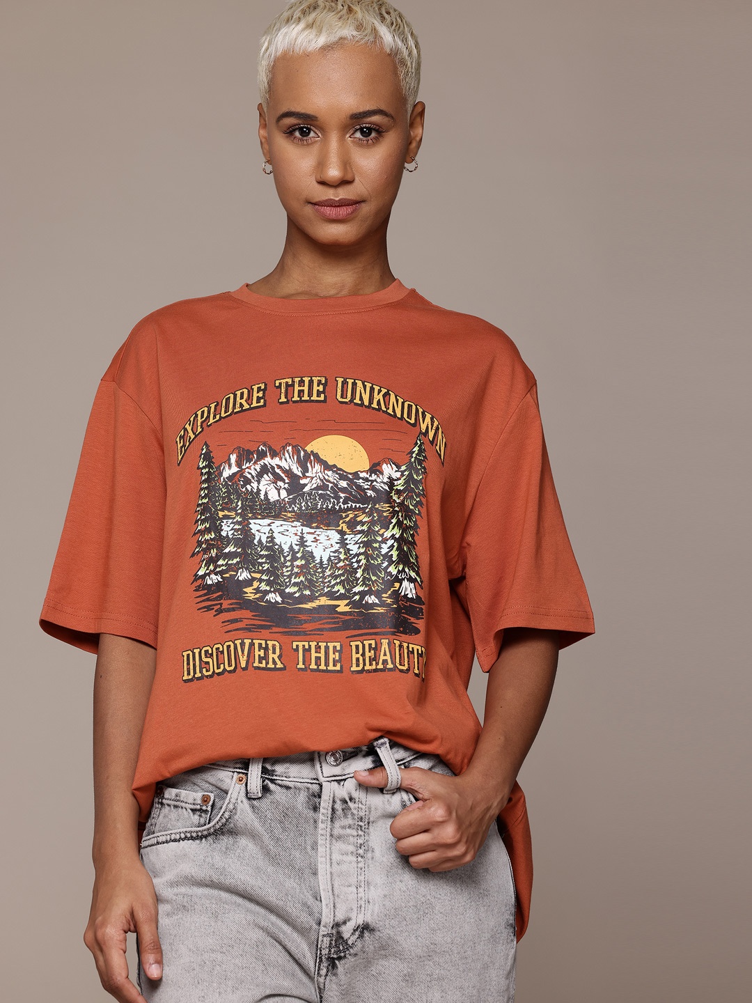 

The Roadster Lifestyle Co. Printed Oversized Pure Cotton T-shirt, Rust