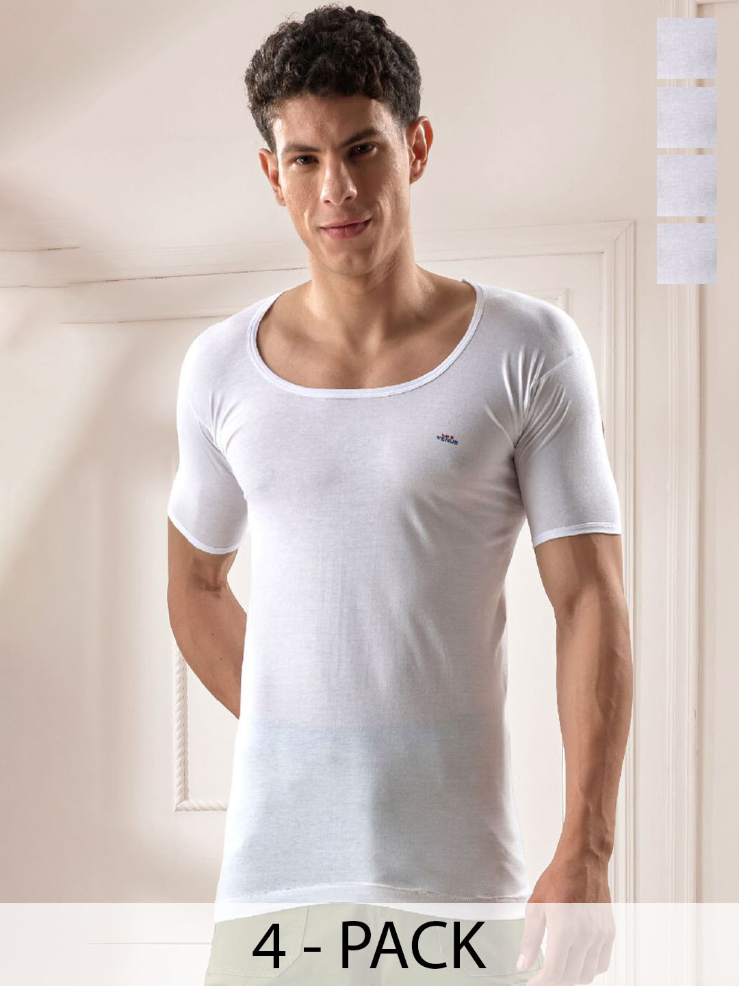 

LUX VENUS Pack of 4 Men Round Neck Cotton Vest, White