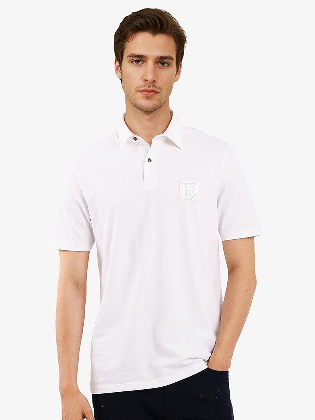 

RARE RABBIT Men Solid Polo Collar Cotton T-shirt, White