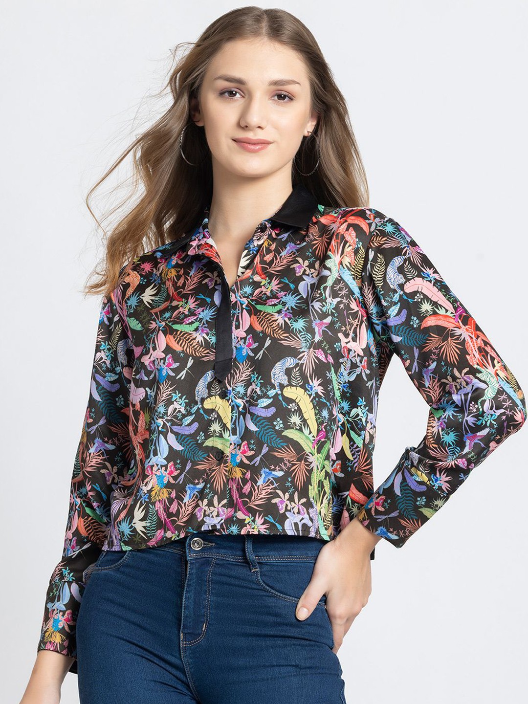 

SHAYE Women Tropical Printed Shirt Style Top, Black