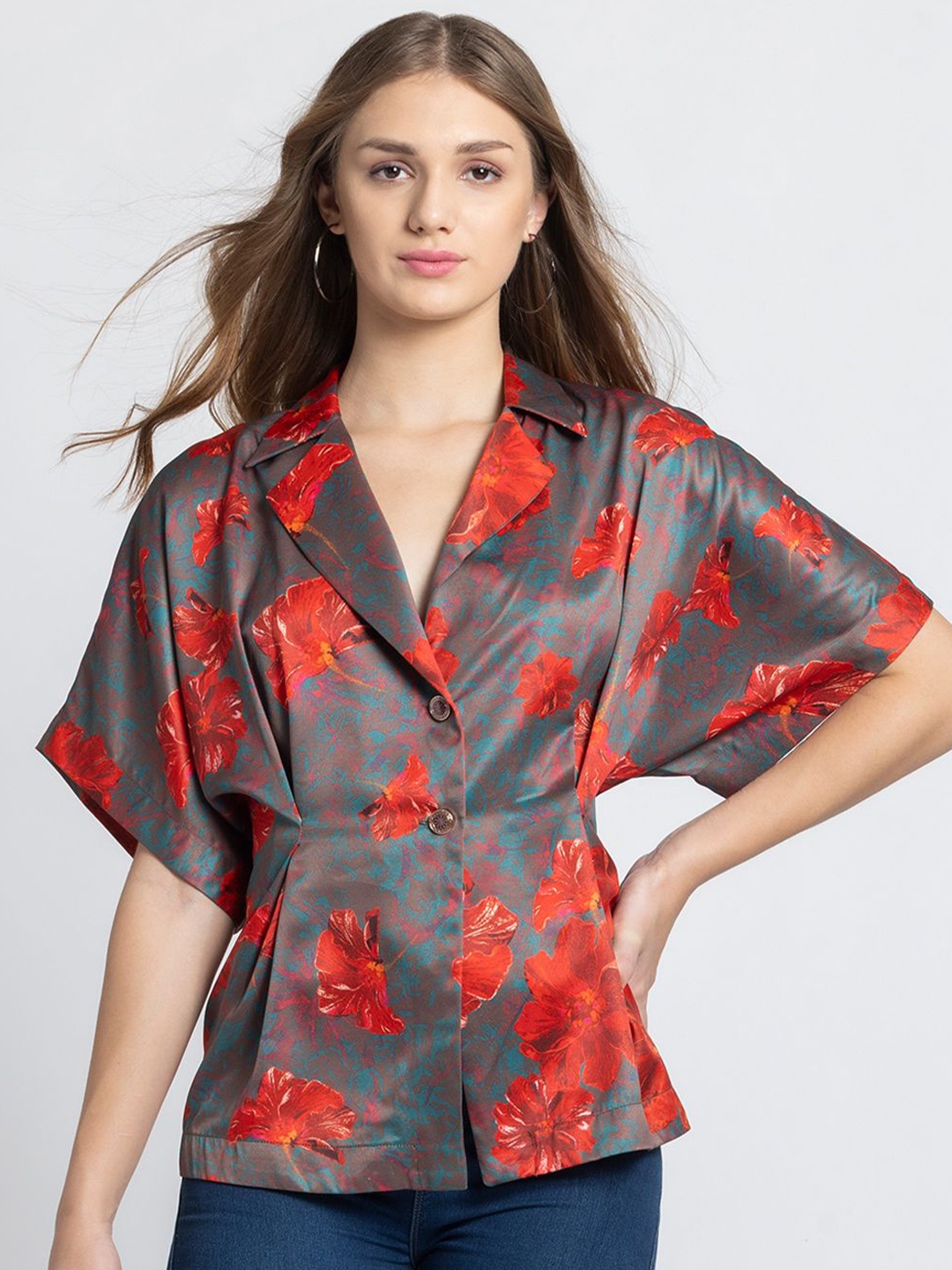 

SHAYE Women Floral Printed Kimono Sleeve Satin Shirt Style Top, Brown