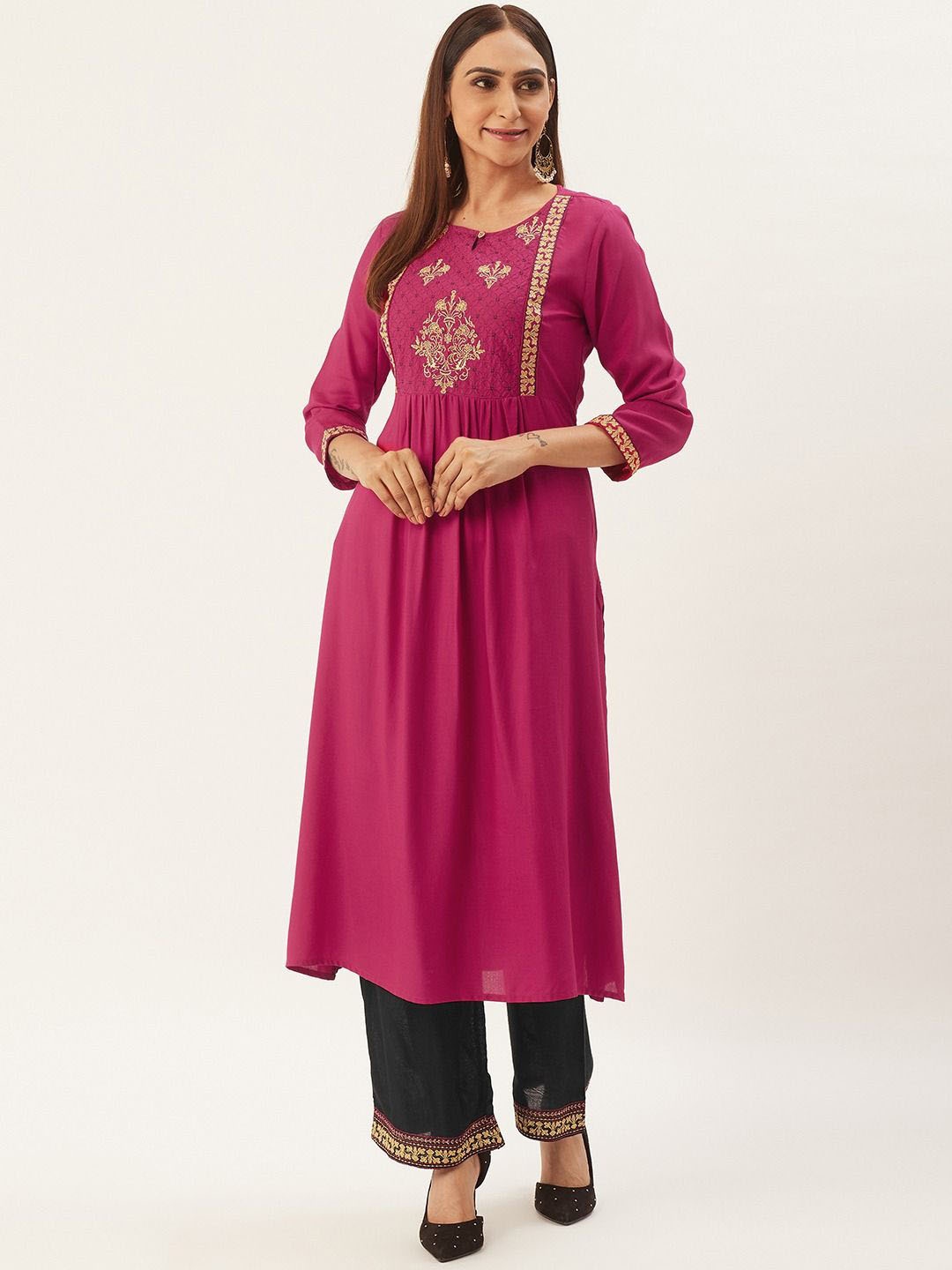 

Anouk Floral Embroidered Pleated Zari Cotton Straight Kurta, Pink