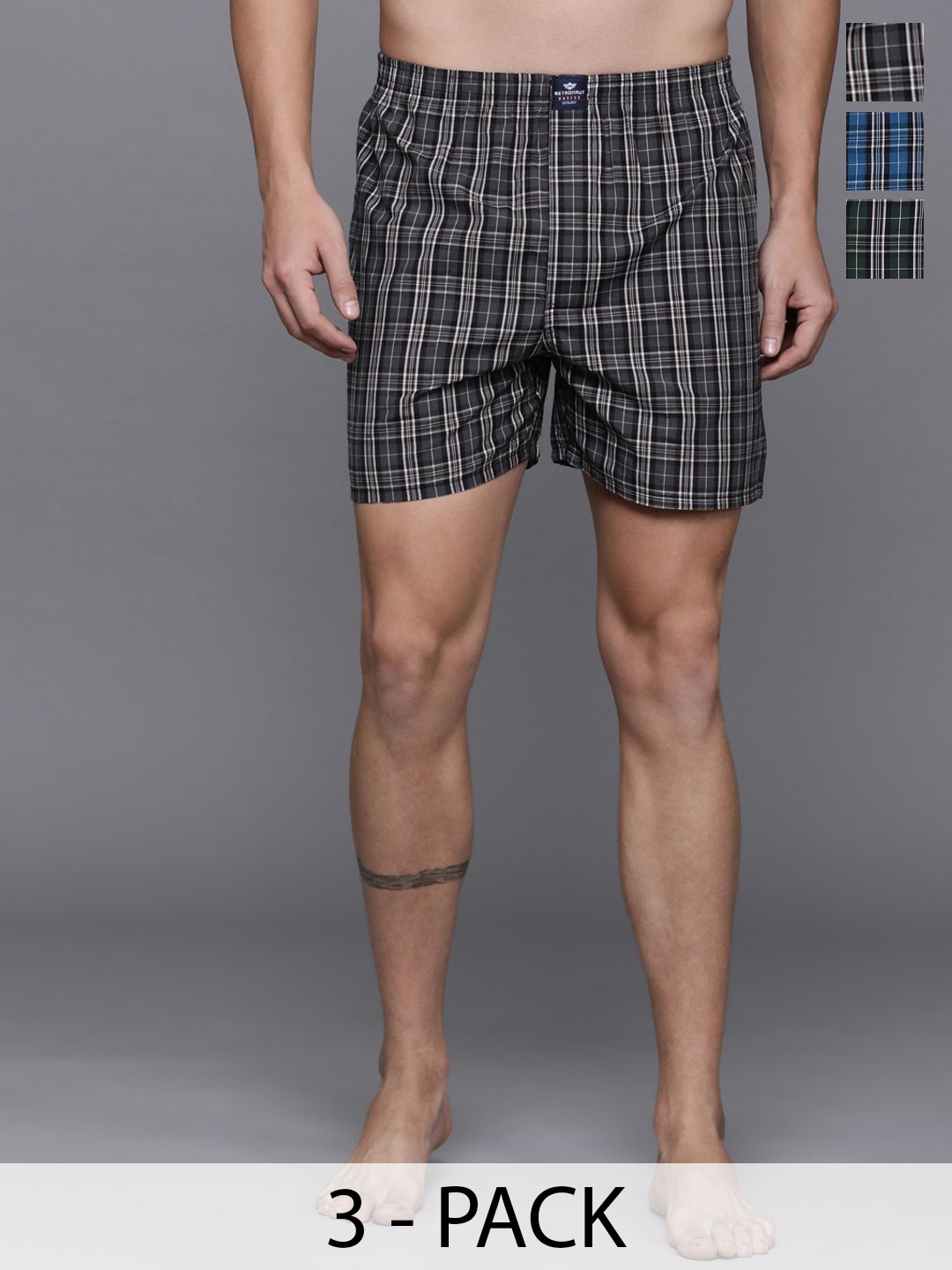 

Metronaut Pack Of 3 Checked Pure Cotton Boxers MB3C057, Black