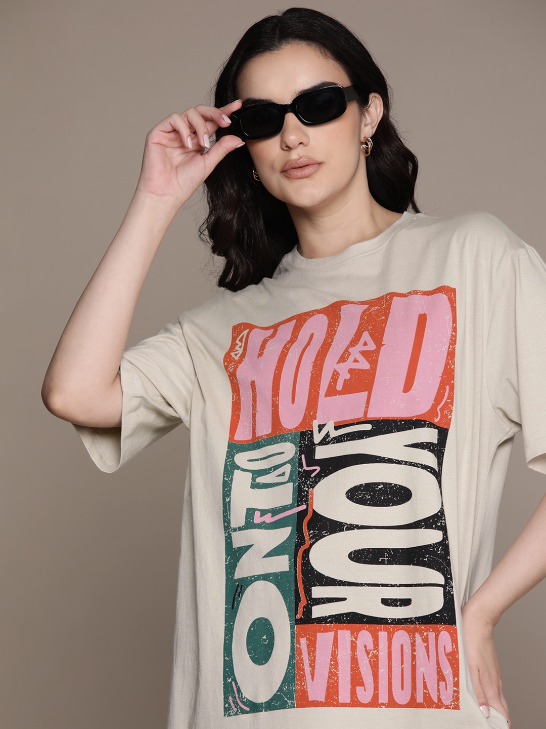 

The Roadster Lifestyle Co. Printed Drop-Shoulder Sleeves Oversized T-shirt, Beige