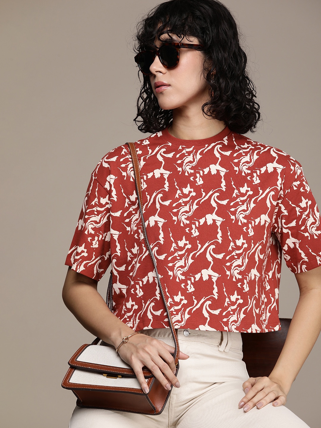 

French Connection Pure Cotton Abstract Printed Crop Casual T-shirt, Rust