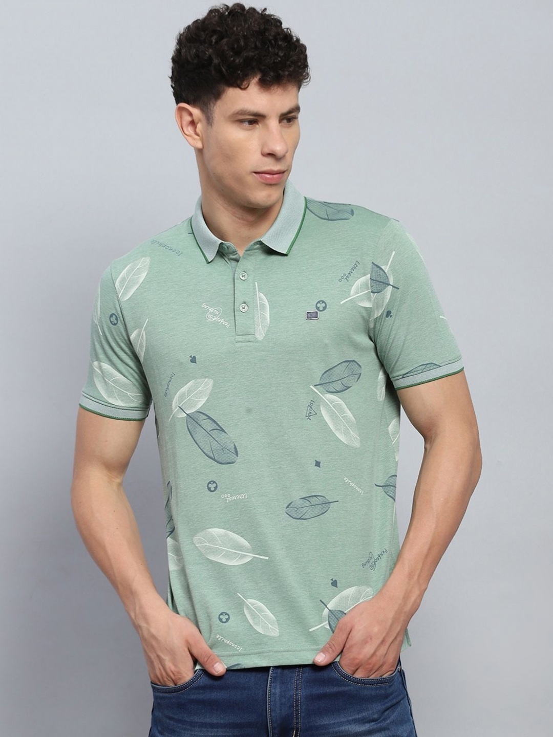 

Monte Carlo Men Floral Printed Polo Collar Cotton T-shirt, Green