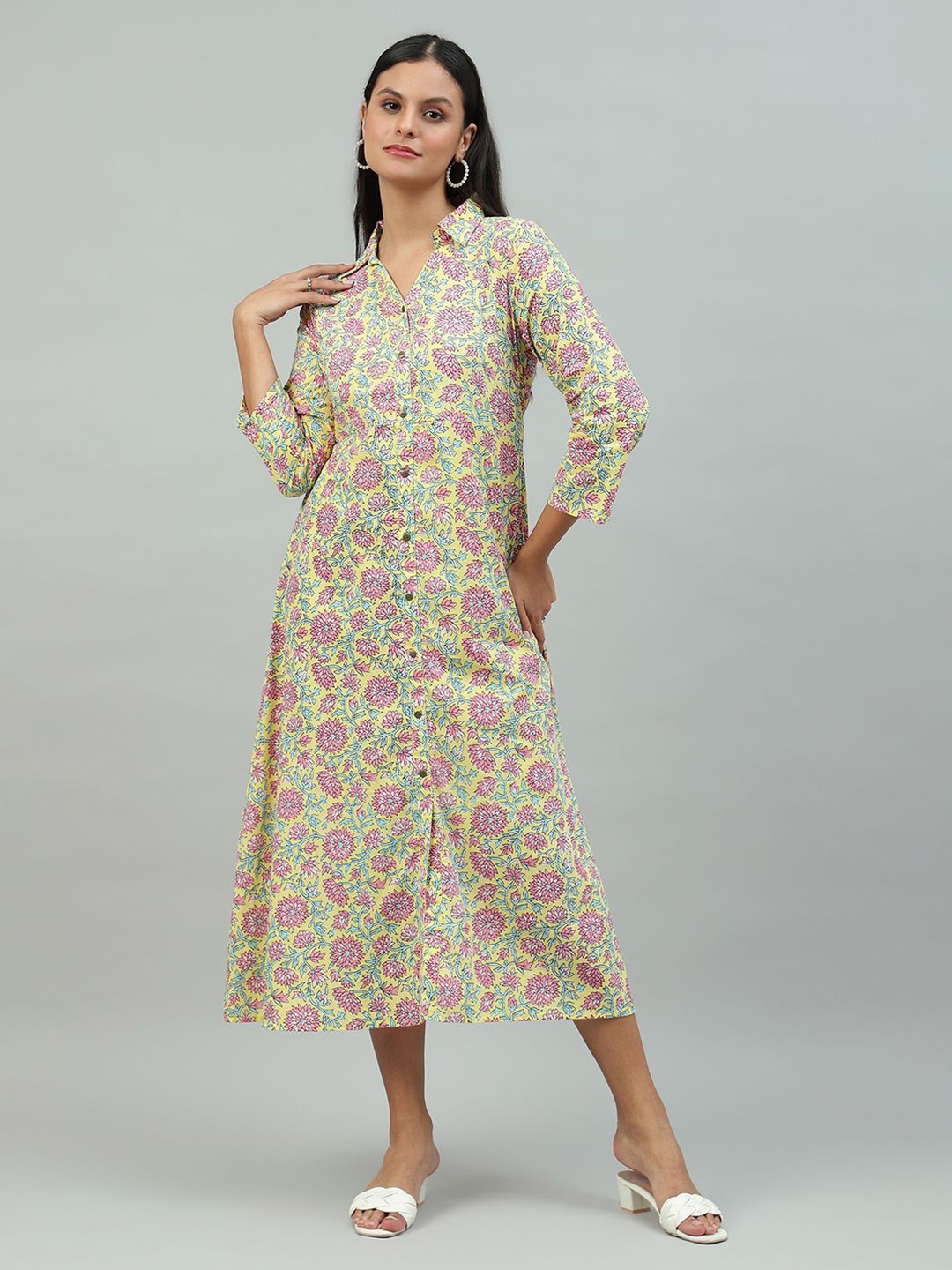 

FLAMBOYANT Floral Print Shirt Midi Dress, Yellow