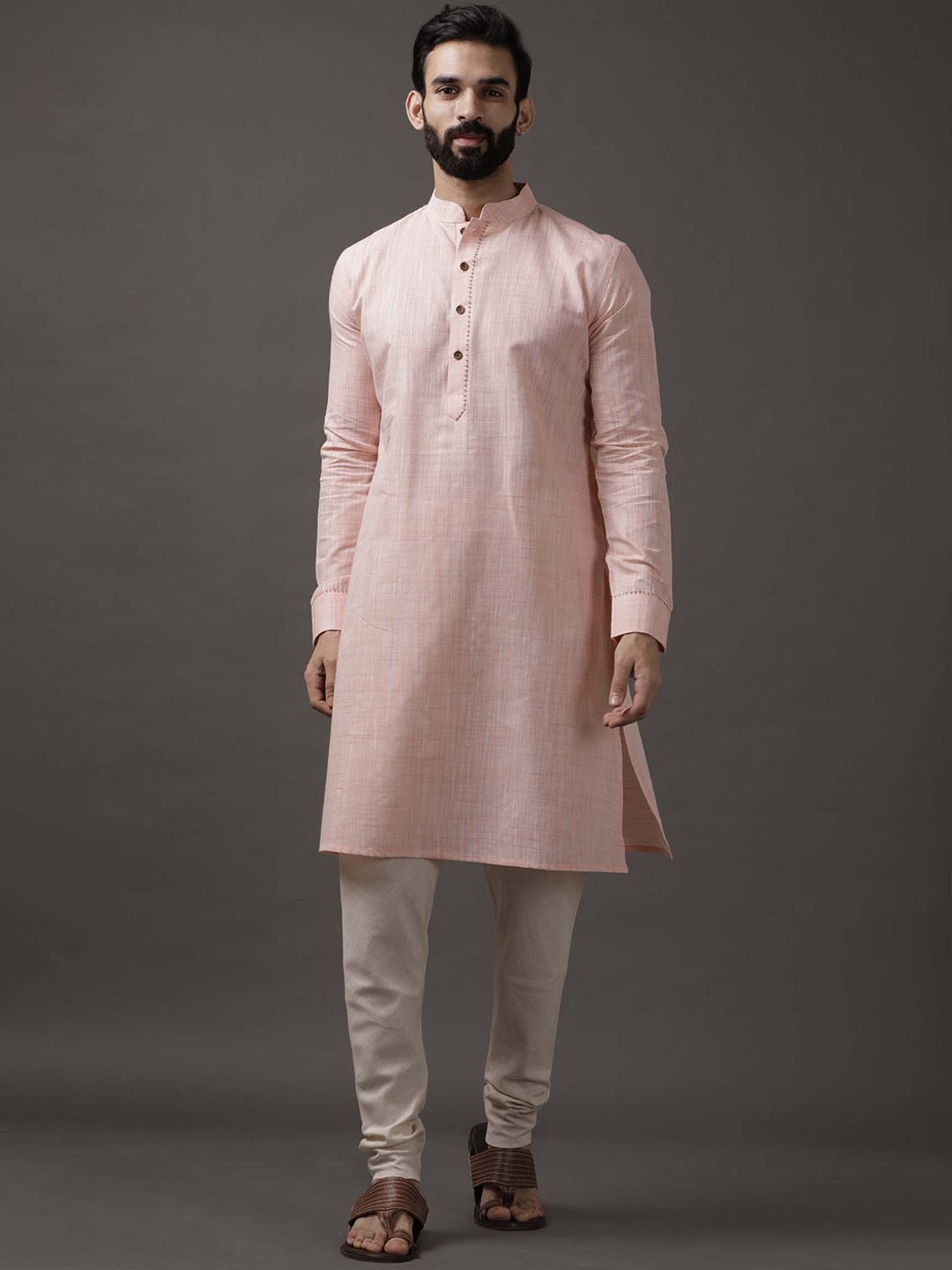 

TJORI Striped Mandarin Collar Cotton Straight Kurta, Pink