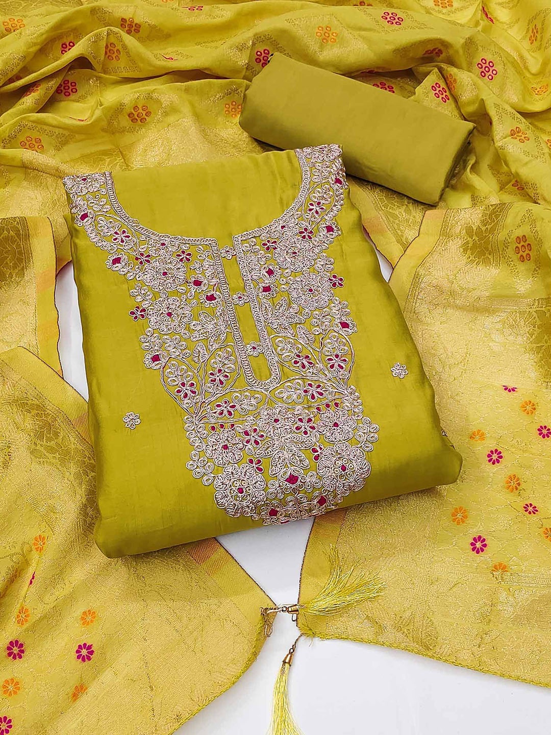

Peachmode Floral Embroidered Sequinned Unstitched Dress Material, Green