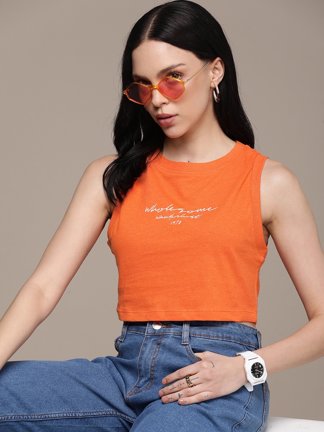 

The Roadster Life Co. Typography Printed Sleeveless Casual T-shirt, Orange