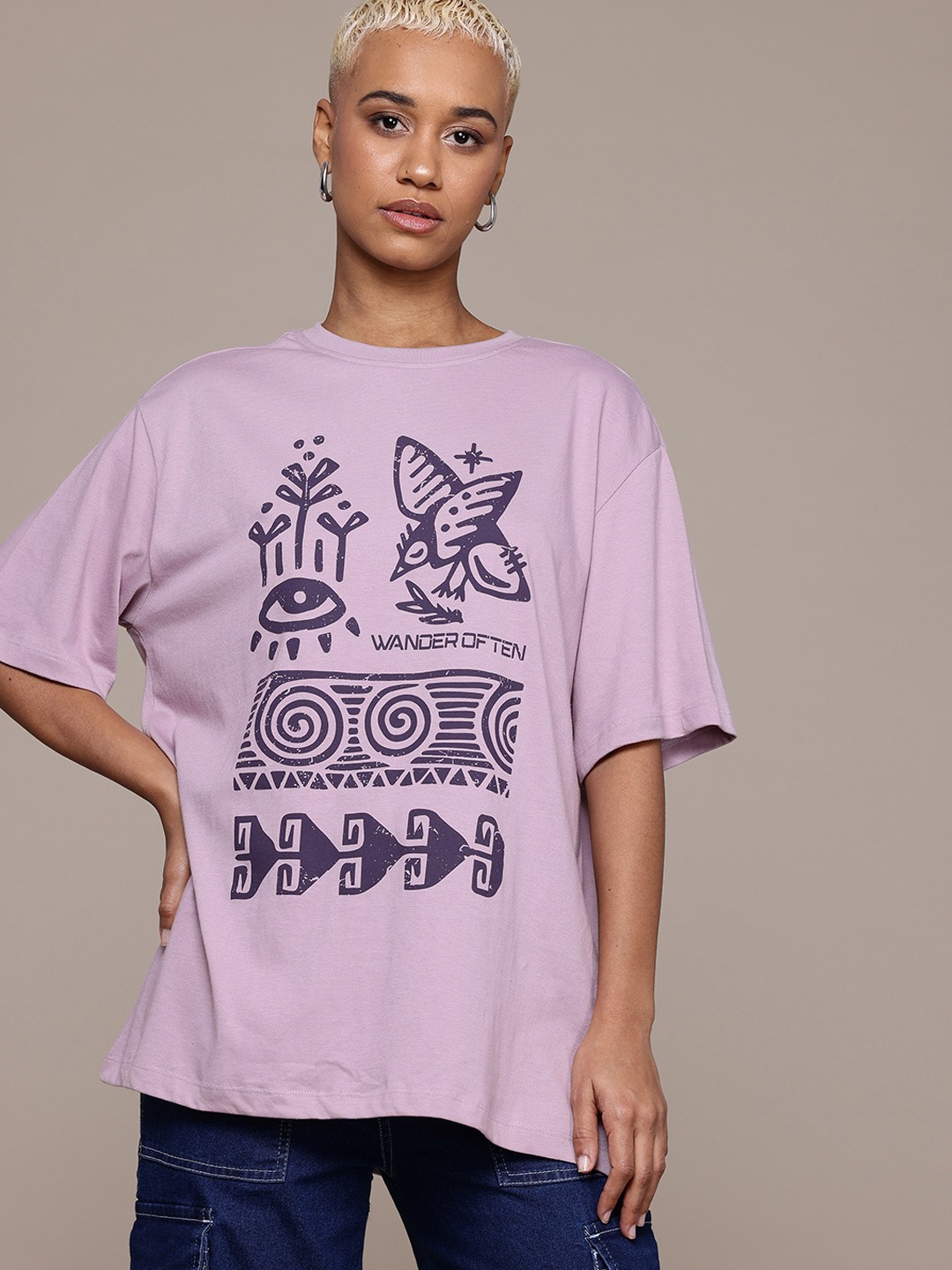 

The Roadster Lifestyle Co Women Tribal Printed Drop-Shoulder Sleeves T-shirt, Mauve