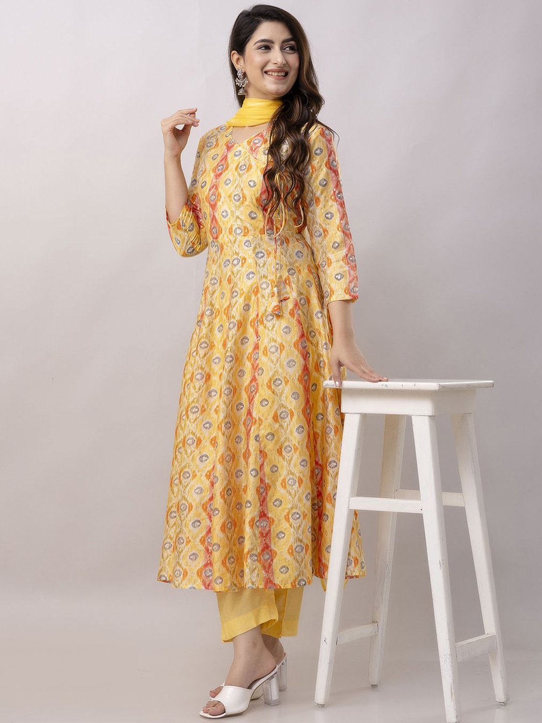 

KALINI Geometric Printed Panelled Pure Silk Anarkali Kurta with Trouser & Dupatta, Yellow