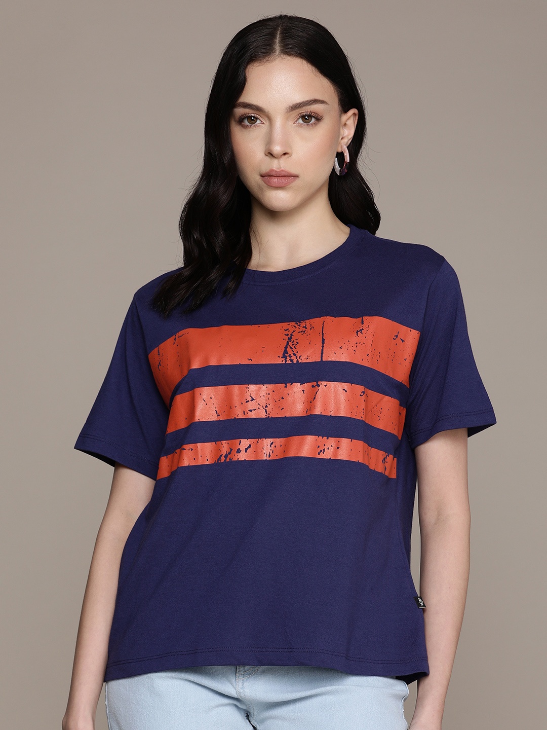 

The Roadster Lifestyle Co. Women Striped Pure Cotton T-shirt, Navy blue