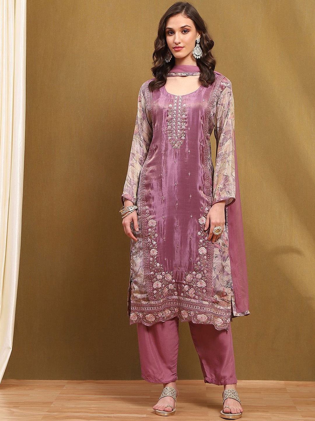 

Biba Floral Embroidered Sequinned Unstitched Dress Material, Purple