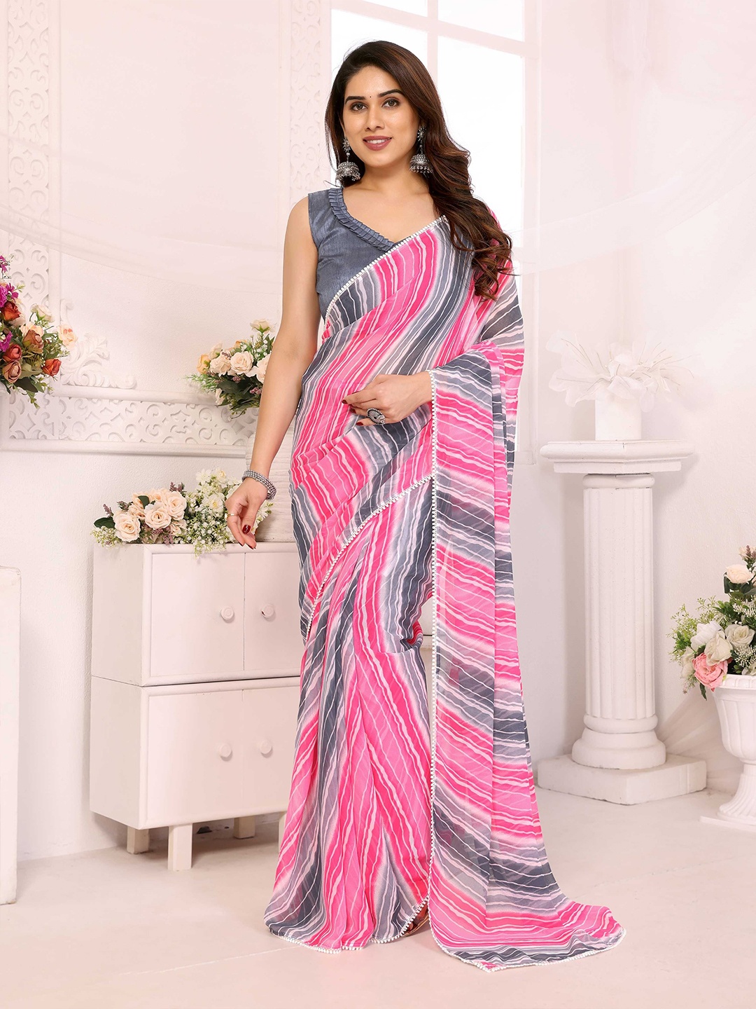 

Mitera Leheriya Poly Georgette Ready to Wear Saree, Pink