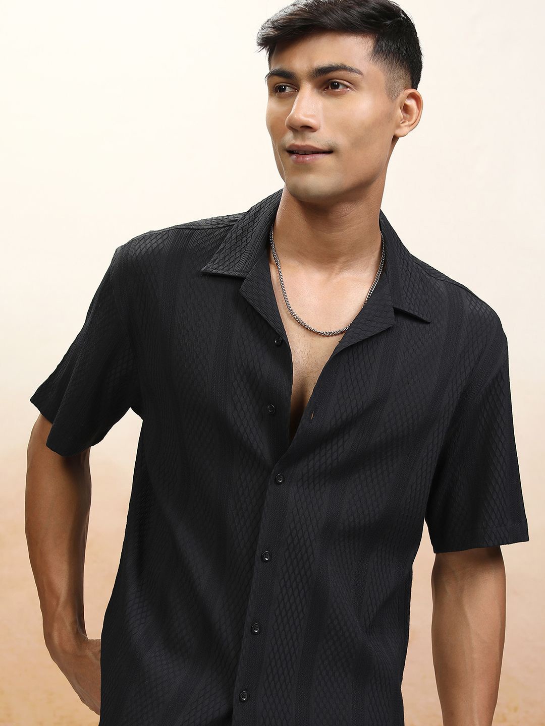 

Locomotive Premium Men Jacquard Popcron Textured Cuban Collar Relaxed Shirt, Black