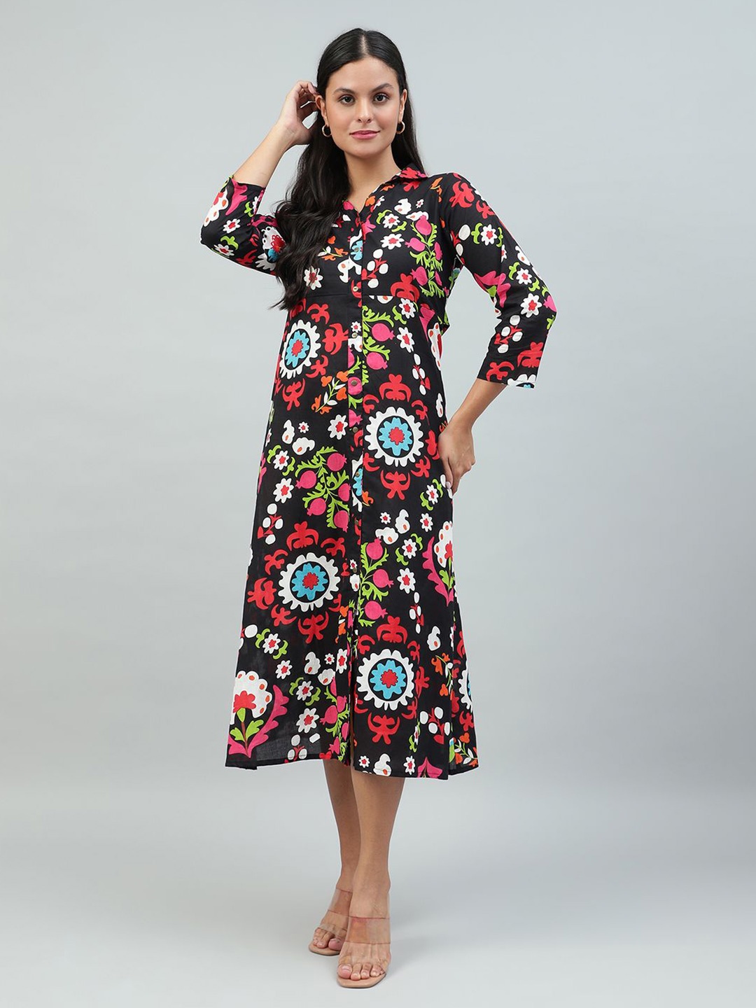 

FLAMBOYANT Floral Print Fit & Flare Midi Dress, Black